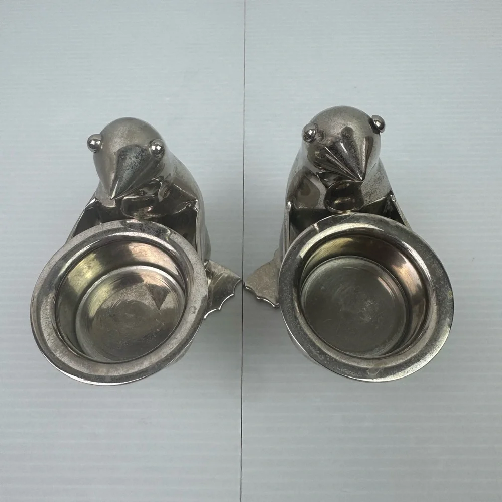 Pair2 Restoration Hardware Silver Plate Penguin Butler Sauce Dish Candle Holder